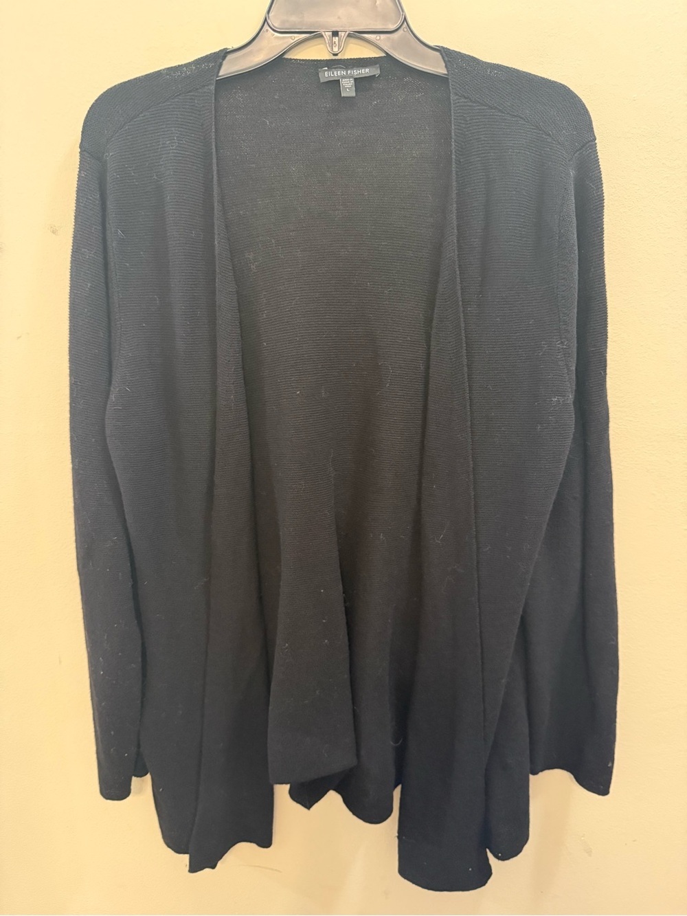 Eileen Fisher System Black Long Open Cardigan Sweater LARGE Wool Lightweight